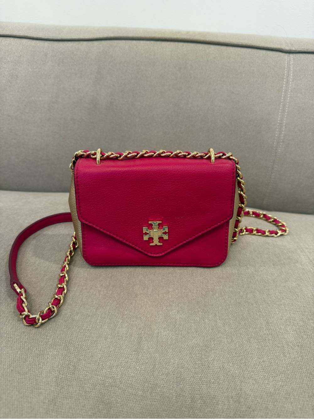 Tory Burch Kira Shoulder Crossbody Leather Bag in Hot Pink and Gold Hardware
